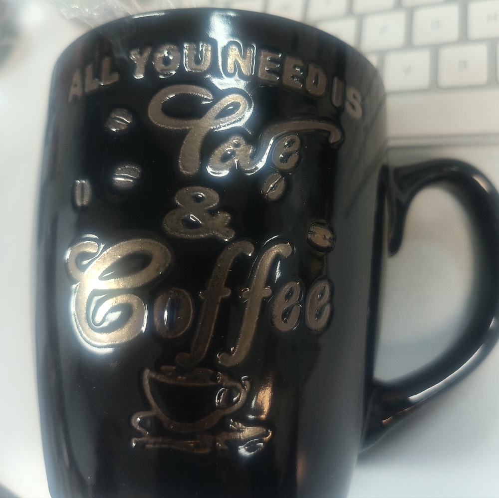 Black Coffee Mug with Gold Text ALL YOU NEED IS LOVE & COFFEE